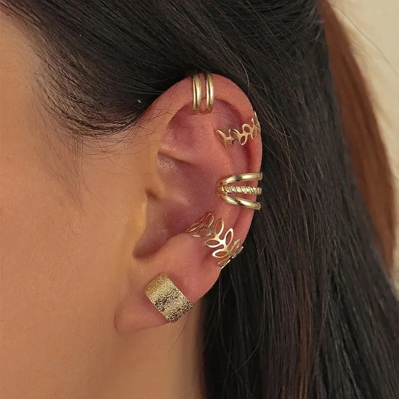 5pcs;Silver Color Leaves Clip Earrings for Women Men Creative Simple C Ear Cuff Non-Piercing Ear Ear Clip Set Trend Jewelry Gift - Image 2