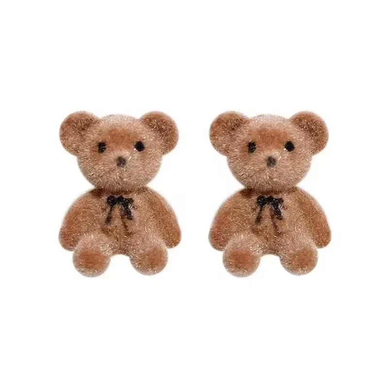 Cute Flocking Plush Rabbit Bear Stud Earrings Kawaii Brown Khaki Animal Earrings For Women Girls Korean Earring Jewelry - Image 2